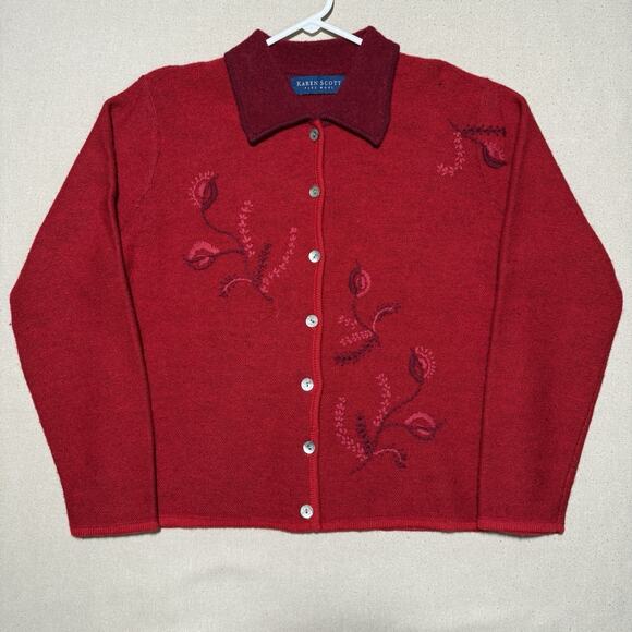 Karen Scott Sweaters - KAREN SCOTT Holiday Cardigan 100% Pure Wool Red Embroidered Sweater Jacket Sz M